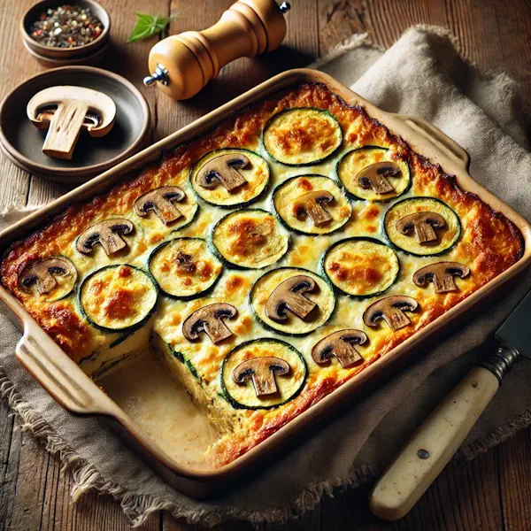 Ultra-sharp image of a golden-brown mushroom and zucchini bake with bubbling melted cheese. Visible layers of zucchini and sautéed mushrooms in a creamy filling, served in a rectangular ceramic dish on a rustic wooden dining table with a serving spoon and linen napkin, captured in bright natural light.