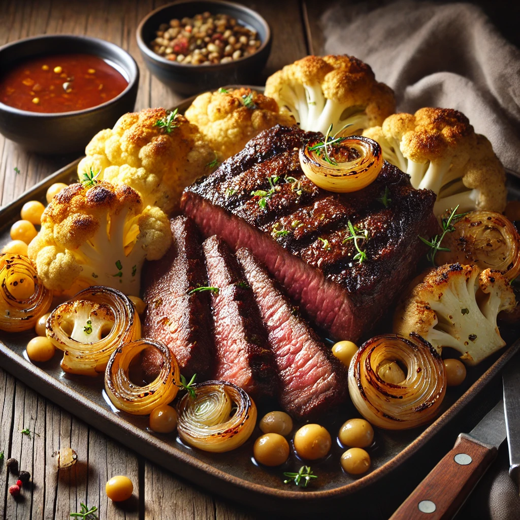 Tender strips of marinated New York strip steak served with golden-browned cauliflower florets and caramelized pearl onions, garnished with fresh herbs. The dish is presented on a rustic wooden table, complemented by a small bowl of marinade and warm lighting to highlight the savory textures and colors