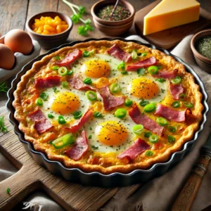 A rich and savory Pastrami and Cheddar Quiche served in a rustic ceramic dish, featuring golden baked eggs combined with chopped bell pepper, spring onions, slices of pastrami, and melted Cheddar cheese. Garnished with fresh herbs, it is presented on a wooden table with small bowls of ingredients and a block of Cheddar cheese, highlighted by soft natural lighting for a cozy and inviting ambiance.