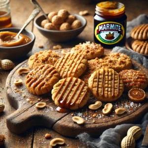 Savory peanut butter and Marmite cookies on a wooden board, golden brown with a Marmite glaze, garnished with crushed peanuts and sea salt, surrounded by bowls of Marmite and peanut butter in a cozy setting.