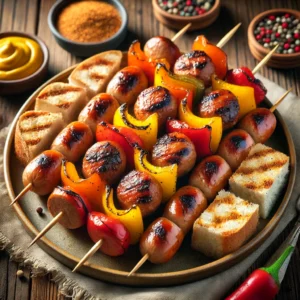 A vibrant and appetizing display of Polish Sausage and Sourdough Kabobs, featuring skewers loaded with smoked Polish beef sausage, colorful bell peppers, and golden sourdough bread cubes. The kabobs are brushed with marinade and arranged on a plate with visible grill marks. The rustic setting includes a wooden table, small bowls of mustard and Worcestershire sauce, and natural light highlighting the rich colors and textures.