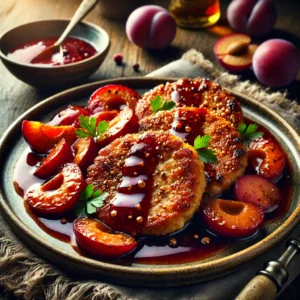 Golden-brown pork cutlets, seasoned with Creole spices, sesame oil, and soy sauce, served with a vibrant plum sauce made from ripe, diced plums. The dish is presented on a rustic ceramic plate, garnished with fresh herbs, with natural lighting highlighting the rich textures and inviting colors.
