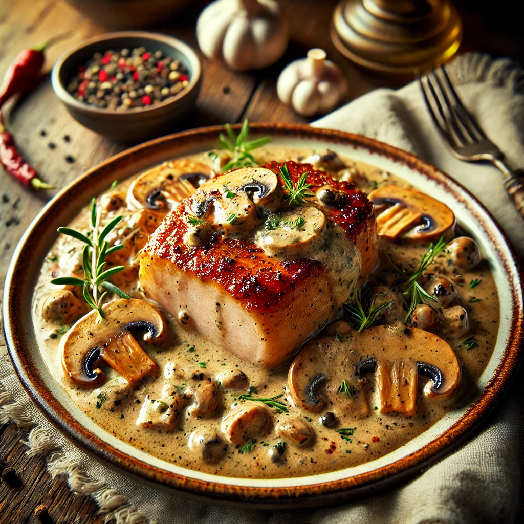 Golden and tender pork loin topped with a creamy mushroom sauce made with mushrooms, shallots, and a hint of chili powder, served on a rustic ceramic plate. The dish is garnished with fresh herbs and set in a cozy dining setup with a wooden table, soft napkins, and natural lighting highlighting its rich textures and inviting presentation.