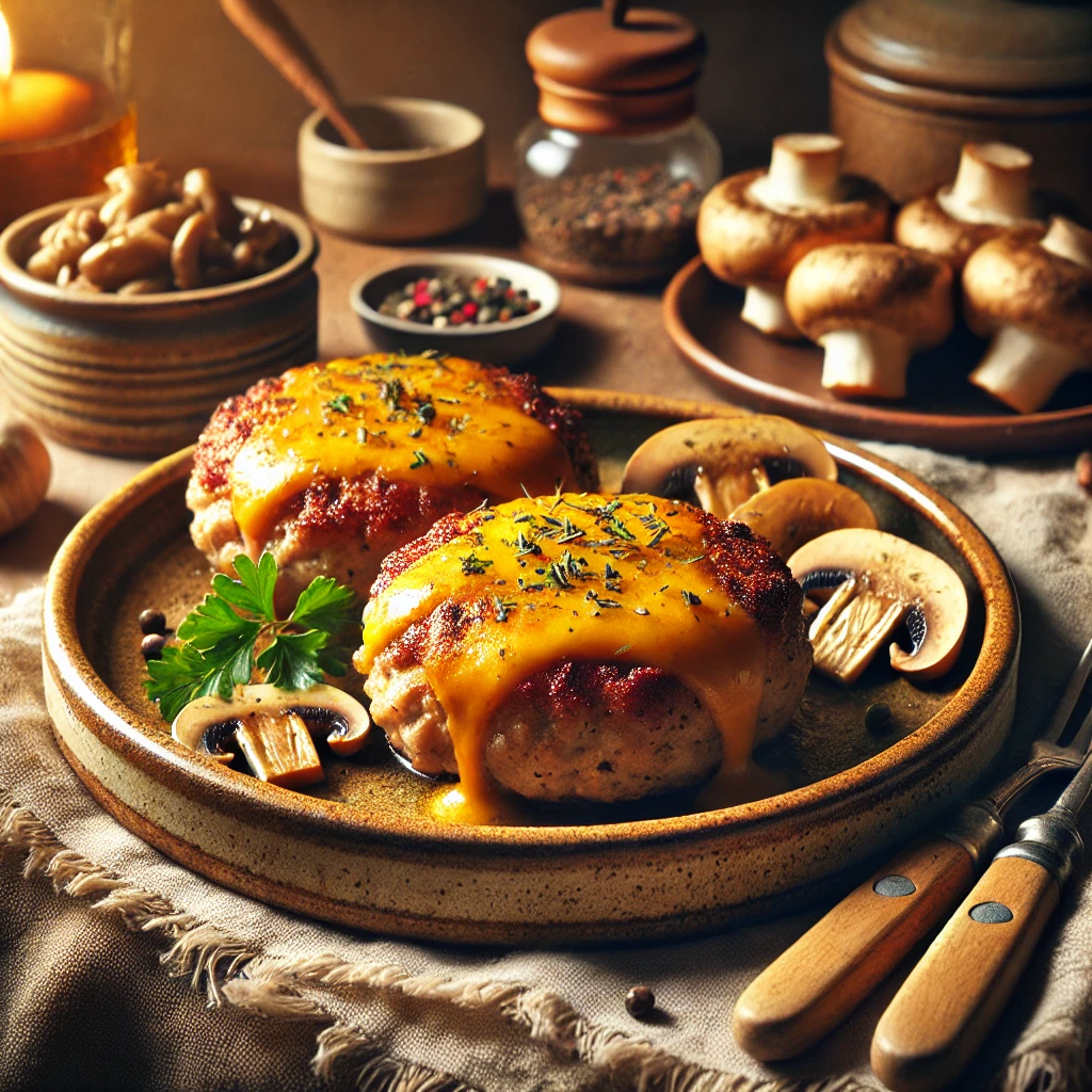 Golden-brown pork and mushroom patties topped with melted Cheddar cheese, served on a rustic ceramic plate. The dish is garnished with fresh herbs and accompanied by sautéed mushrooms and onions. The background features a warm and homely setup with wooden utensils and natural lighting, creating a cozy and appetizing presentation.