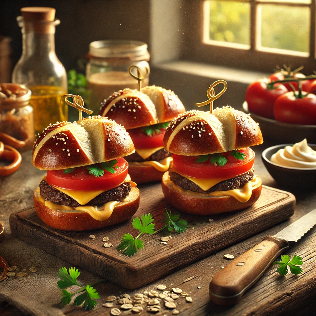 A realistic and appetizing display of pretzel sliders with golden pretzel rolls filled with juicy beef patties, fresh tomato slices, and a dollop of mayonnaise. The sliders are placed on a rustic wooden board, garnished with sprigs of fresh coriander, and set in a cozy kitchen with natural light streaming in. The scene includes small bowls of ingredients like tomato paste and rolled oats, along with a knife for condiments, creating an authentic and inviting atmosphere.