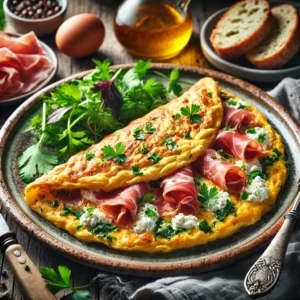 A golden omelet filled with creamy ricotta cheese, chopped scallions, and savory prosciutto, garnished with fresh Italian parsley. Presented on a rustic ceramic plate with a side of fresh greens and crusty bread, set in a cozy breakfast setting with soft natural lighting.