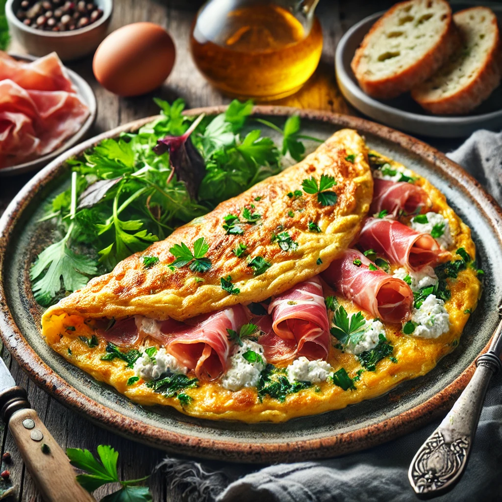 A golden omelet filled with creamy ricotta cheese, chopped scallions, and savory prosciutto, garnished with fresh Italian parsley. Presented on a rustic ceramic plate with a side of fresh greens and crusty bread, set in a cozy breakfast setting with soft natural lighting.