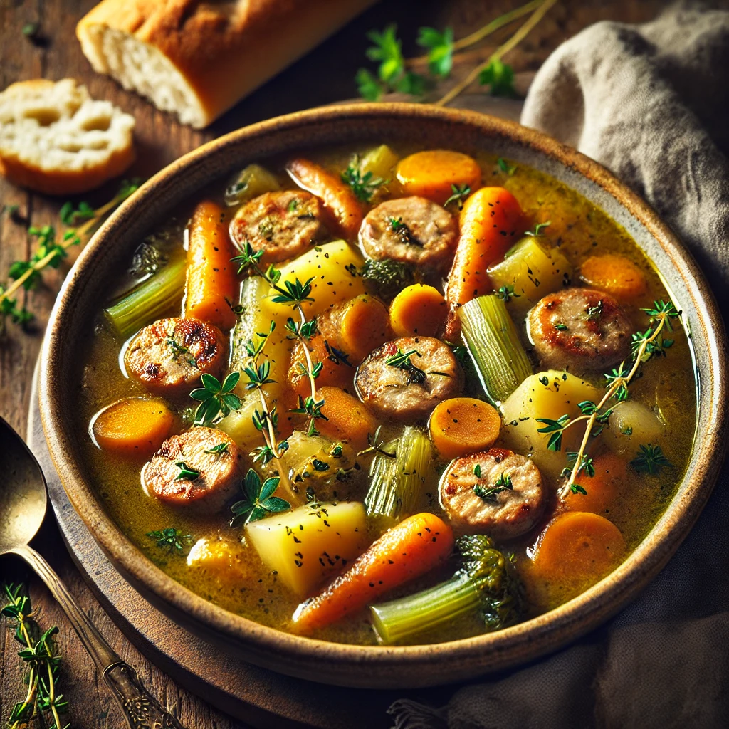 A rustic ceramic bowl of Savory Sausage Chicken Stew with plant-based sausage and chicken pieces, carrots, potatoes, celery, and onions in a golden herb-infused broth, garnished with thyme and parsley, served with crusty bread on a wooden table.