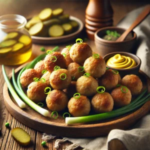 A realistic and natural presentation of Sausage Scallion Balls on a rustic wooden platter. The meatballs are golden brown, garnished with fresh scallions, and accompanied by a small bowl of mustard and sliced pickled cucumbers. The warm wooden table and soft natural lighting enhance the homemade and inviting appeal of the dish.