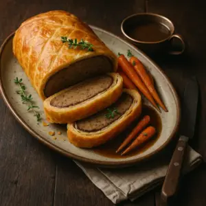A 600×600 realistic food photo of a savory seitan Wellington wrapped in golden, flaky puff pastry and sliced to reveal the seitan and mushroom duxelles, served on a rustic ceramic plate with a small cup of mushroom gravy and a few roasted baby carrots; dish is lit slightly brighter while the dark wooden table background remains unchanged.