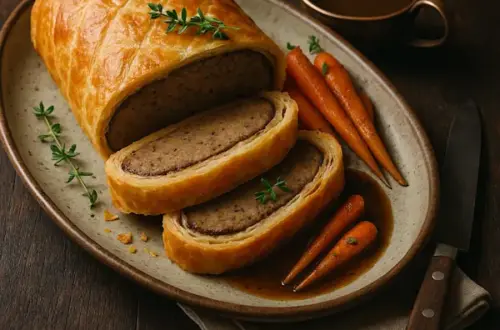 A 600×600 realistic food photo of a savory seitan Wellington wrapped in golden, flaky puff pastry and sliced to reveal the seitan and mushroom duxelles, served on a rustic ceramic plate with a small cup of mushroom gravy and a few roasted baby carrots; dish is lit slightly brighter while the dark wooden table background remains unchanged.