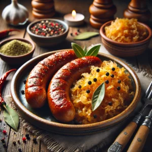 Golden-brown smoked sausages served alongside vibrant sauerkraut seasoned with bay leaves, black peppercorns, and a hint of cayenne. The dish is garnished with fresh herbs and presented on a rustic ceramic plate, set on a wooden table with minimal cutlery and warm natural lighting, creating a cozy and inviting atmosphere.