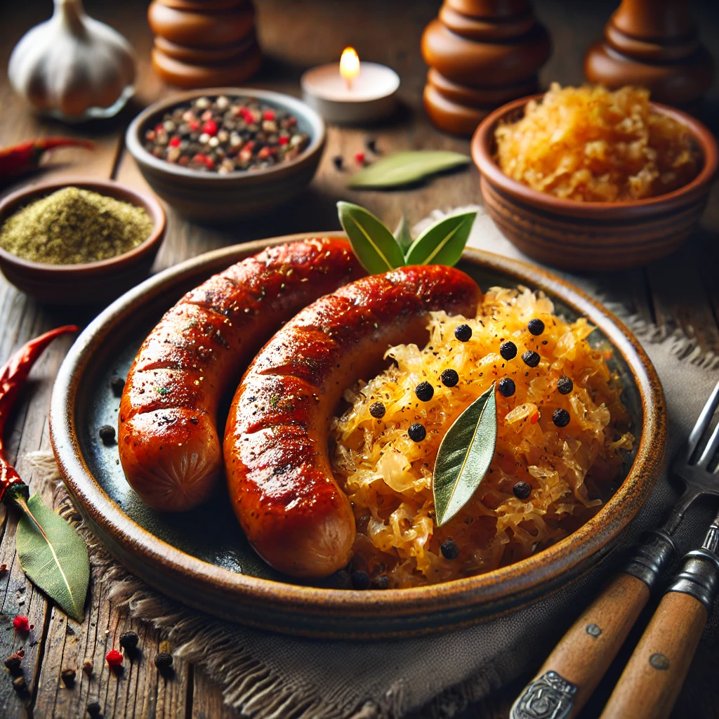 Golden-brown smoked sausages served alongside vibrant sauerkraut seasoned with bay leaves, black peppercorns, and a hint of cayenne. The dish is garnished with fresh herbs and presented on a rustic ceramic plate, set on a wooden table with minimal cutlery and warm natural lighting, creating a cozy and inviting atmosphere.