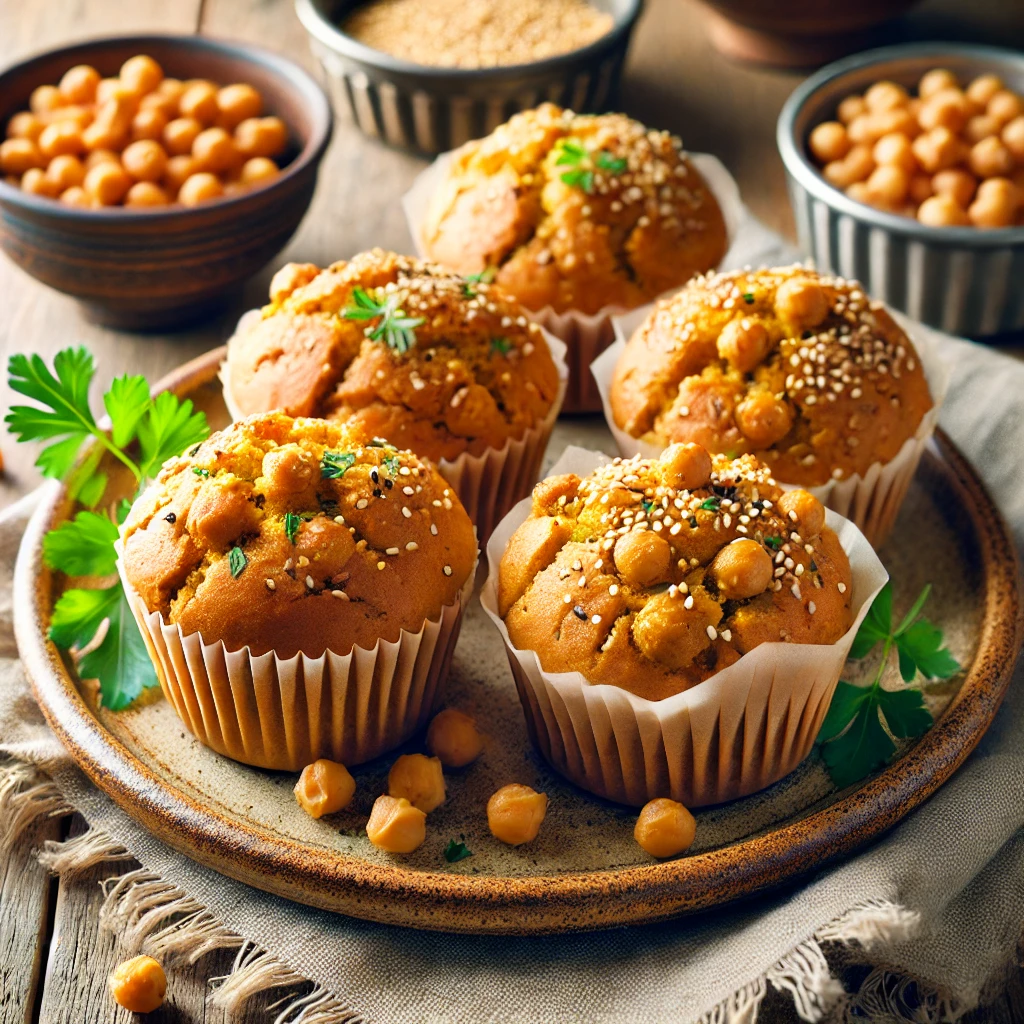 A cozy and inviting presentation of Savory Spiced Chickpea Muffins served on a rustic ceramic plate. The muffins are golden brown, topped with sesame seeds and fresh herbs, showcasing their rich texture and spiced aroma. The setup includes a small bowl of chickpeas, a sprig of fresh parsley, and a rustic napkin on a wooden table, illuminated by bright natural light to emphasize their comforting and hearty appeal, perfect for a snack or light mea