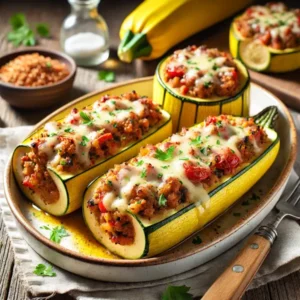 Ultra-sharp image of halved zucchinis stuffed with minced meat, onions, tomatoes, herbs, and topped with melted cheese. The zucchinis are golden and tender, served on a white ceramic plate and garnished with fresh parsley. Placed on a rustic wooden dining table with a fork and linen napkin, captured in bright natural light.