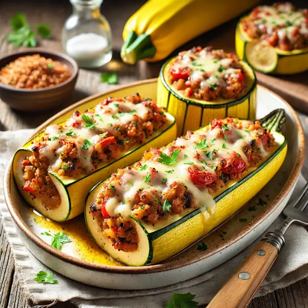 Ultra-sharp image of halved zucchinis stuffed with minced meat, onions, tomatoes, herbs, and topped with melted cheese. The zucchinis are golden and tender, served on a white ceramic plate and garnished with fresh parsley. Placed on a rustic wooden dining table with a fork and linen napkin, captured in bright natural light.