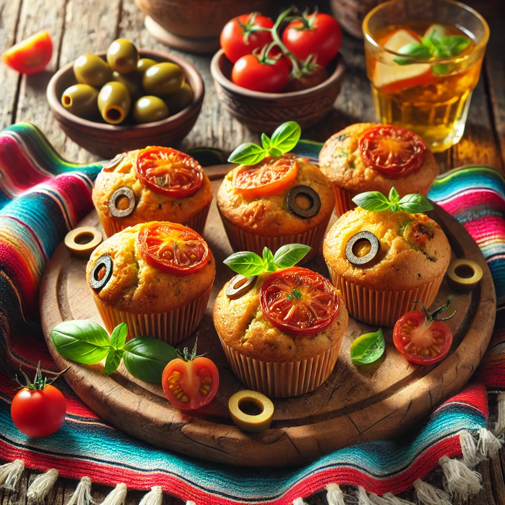 A rustic and inviting scene featuring Savory Tomato Olive Muffins on a wooden platter. The golden brown muffins are studded with pieces of tomato and olives, garnished with fresh basil leaves. The setup includes a colorful Mexican-style tablecloth, a small bowl of olives, a few cherry tomatoes, and a glass of iced tea, illuminated by bright natural light to enhance the wholesome and savory appeal.