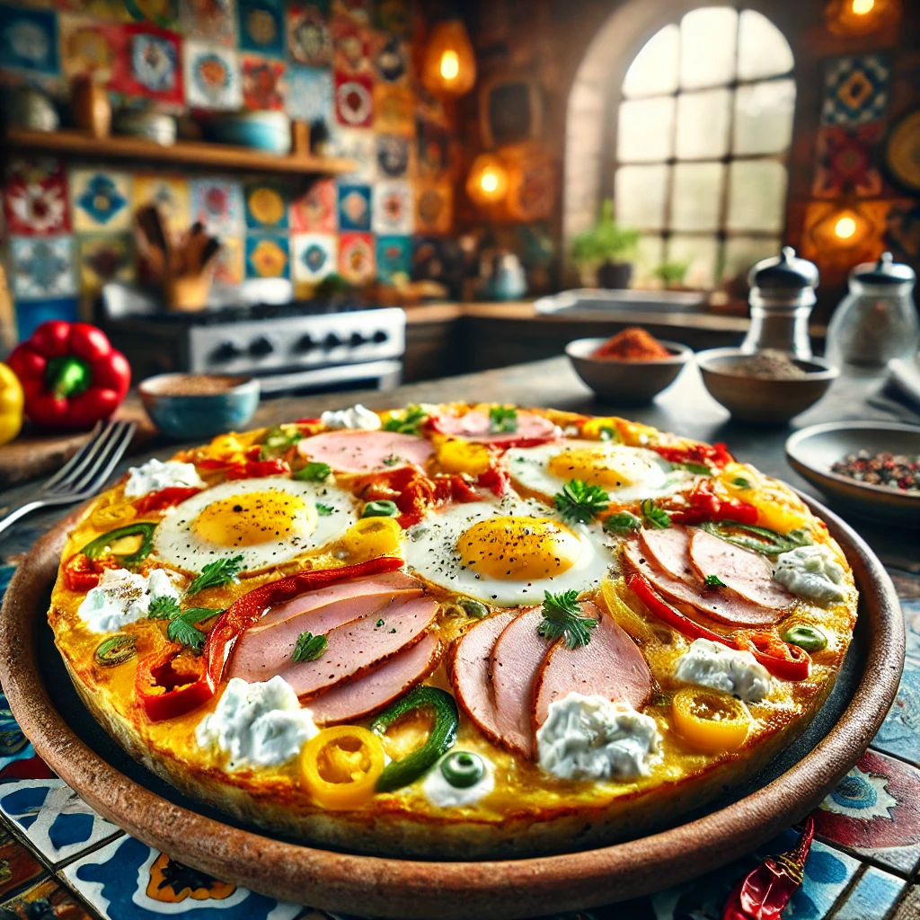 Turkey breakfast frittata with bell peppers, cheese, and spices, served in a vibrant Mexican-style setting.