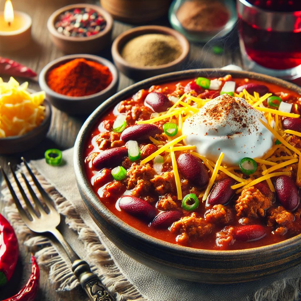 Hearty turkey chili served in a rustic bowl, featuring ground turkey, red kidney beans, and a rich tomato base, garnished with shredded cheese, diced onions, and a dollop of sour cream. The dish is accompanied by a glass of red wine and small bowls of additional toppings, set on a cozy wooden table with soft lighting to enhance the warm and inviting presentation.