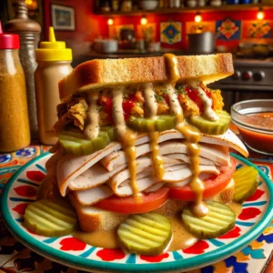 Turkey sandwich with gravy, mustard, ketchup, mayonnaise, and pickles on toasted sourdough, served on a vibrant Mexican-style plate.
