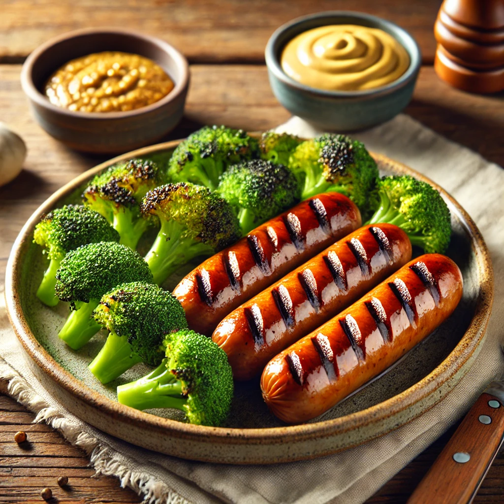 A delicious plate of grilled Vienna sausage, perfectly browned with grill marks, served alongside charred broccoli tossed in a creamy mustard and garlic sauce. The sausages and broccoli are arranged on a rustic ceramic plate, accompanied by a small bowl of tangy mayo-based sauce. The warm wooden table and soft natural lighting enhance the inviting and wholesome presentation of the dish.