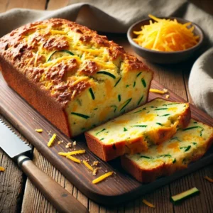 Ultra-sharp image of golden-brown zucchini cheddar quick bread, sliced to reveal its moist cheesy texture. Served on a wooden cutting board on a rustic wooden dining table with bread knife and linen napkin, captured in bright natural light.