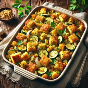 Ultra-sharp image of golden cornbread cubes baked with zucchini, onions, celery, and herbs until crisp on top, garnished with parsley. Served in a ceramic baking dish on a rustic wooden dining table with serving spoon and linen napkin, captured in bright natural light.