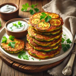 Ultra-sharp image of golden-brown zucchini fritters with crispy edges, stacked on a white ceramic plate, garnished with parsley and served with sour cream. Placed on a rustic wooden dining table with fork and linen napkin, captured in bright natural light.