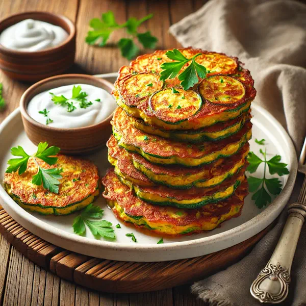 Ultra-sharp image of golden-brown zucchini fritters with crispy edges, stacked on a white ceramic plate, garnished with parsley and served with sour cream. Placed on a rustic wooden dining table with fork and linen napkin, captured in bright natural light.