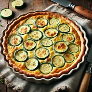 Ultra-sharp image of a golden-brown savory zucchini quiche with thin zucchini slices on top, baked in a ceramic pie dish with a flaky crust and creamy filling. Served on a rustic wooden dining table with a linen napkin and knife, captured in bright natural light with crisp focus.