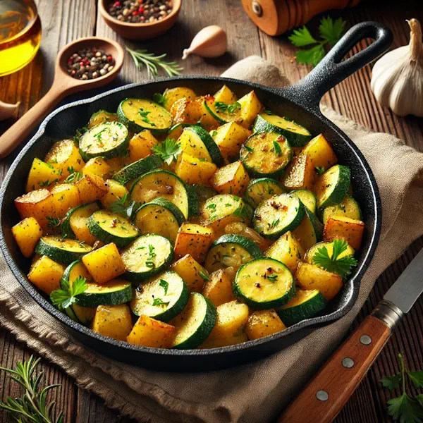 Ultra-sharp image of golden-brown potato cubes sautéed with zucchini slices, onions, garlic, and herbs, served in a black cast iron skillet on a rustic wooden dining table with a wooden spoon and linen napkin, captured in bright natural light.