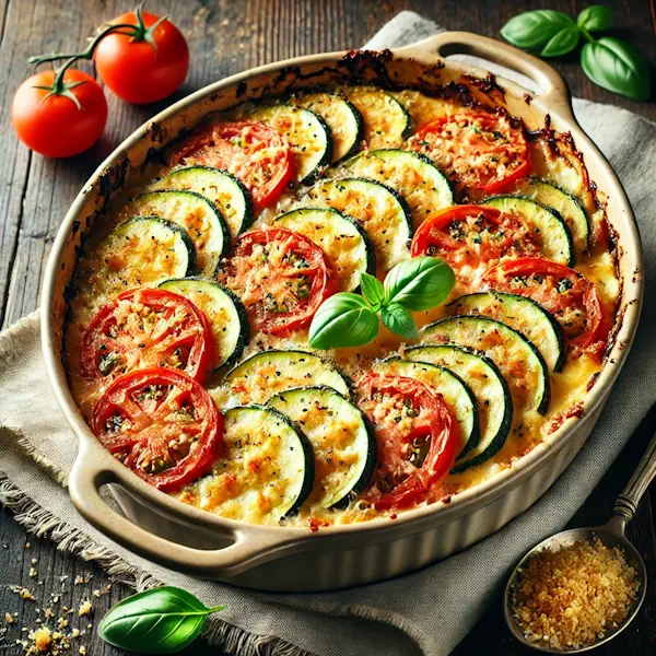 Ultra-sharp image of thinly sliced zucchini and ripe tomatoes layered in a round dish, topped with golden brown breadcrumbs and melted cheese, garnished with fresh basil. Served in a ceramic baking dish on a rustic wooden dining table with serving spoon and linen napkin, captured in bright natural light.