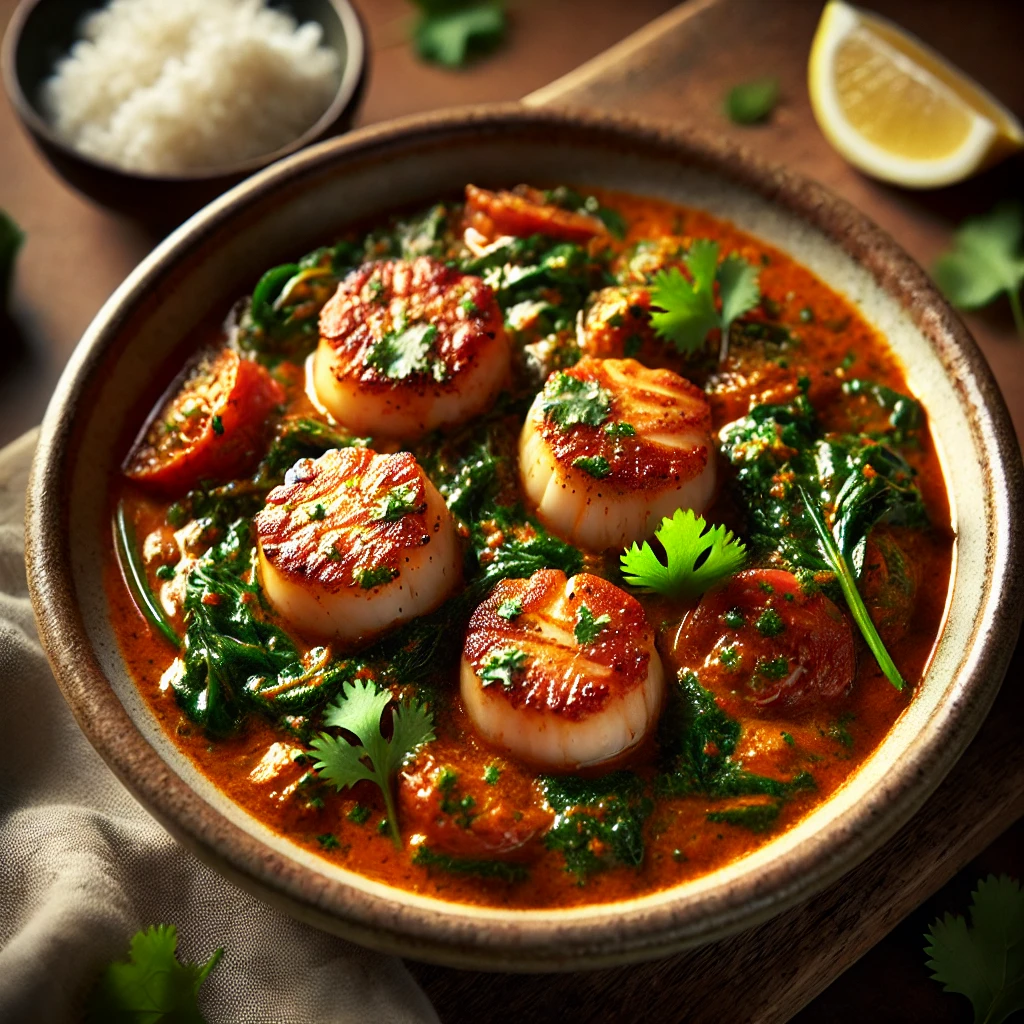 Scallops in Spinach-Tomato Curry Sauce