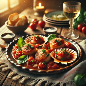 Scallops in Tomato Sauce on a rustic ceramic plate, featuring seared scallops in a rich garlic-infused tomato sauce, garnished with fresh basil and Parmesan. Set on a wooden table with crusty bread and a glass of white wine in the softly blurred background.