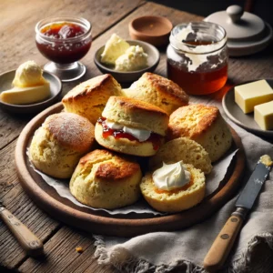 A plate of freshly baked scones on a rustic wooden table, featuring golden brown scones with a slightly crisp exterior and a soft, fluffy interior. Some are topped with clotted cream and jam, while others are left plain. A few scones are broken open to reveal their warm, crumbly texture. The plate rests on a wooden cutting board, with a small dish of butter, a jar of jam, and a butter knife nearby. Soft natural lighting enhances the warm, inviting tones.