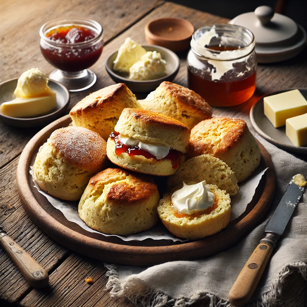 A plate of freshly baked scones on a rustic wooden table, featuring golden brown scones with a slightly crisp exterior and a soft, fluffy interior. Some are topped with clotted cream and jam, while others are left plain. A few scones are broken open to reveal their warm, crumbly texture. The plate rests on a wooden cutting board, with a small dish of butter, a jar of jam, and a butter knife nearby. Soft natural lighting enhances the warm, inviting tones.