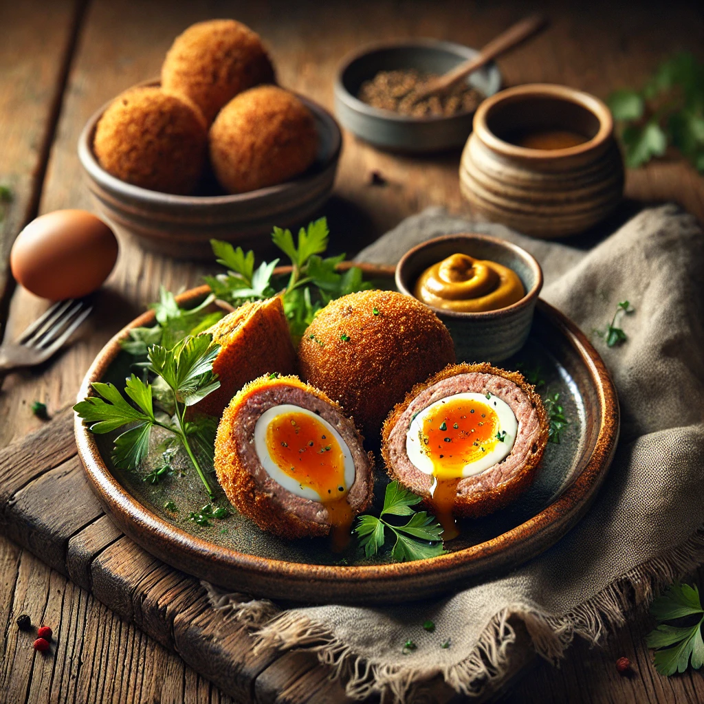 Scotch Eggs served on an artisan ceramic plate, featuring crispy golden-brown sausage-wrapped eggs, sliced in half to reveal a perfectly cooked yolk. The dish is garnished with freshly chopped parsley and chives, accompanied by a small dish of Dijon mustard and a side of mixed greens on a rustic wooden table.