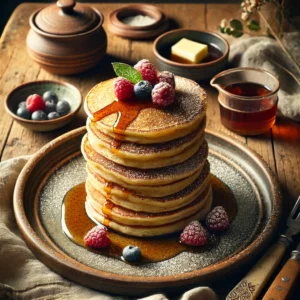 A stack of Elaine's Scottish Pancakes on an artisan ANTA serving plate, golden brown and fluffy, drizzled with syrup and garnished with fresh berries and a dusting of powdered sugar. The rustic wooden table features a small bowl of syrup, a butter knife, and a linen napkin, bathed in soft natural light for a warm and homely presentation.