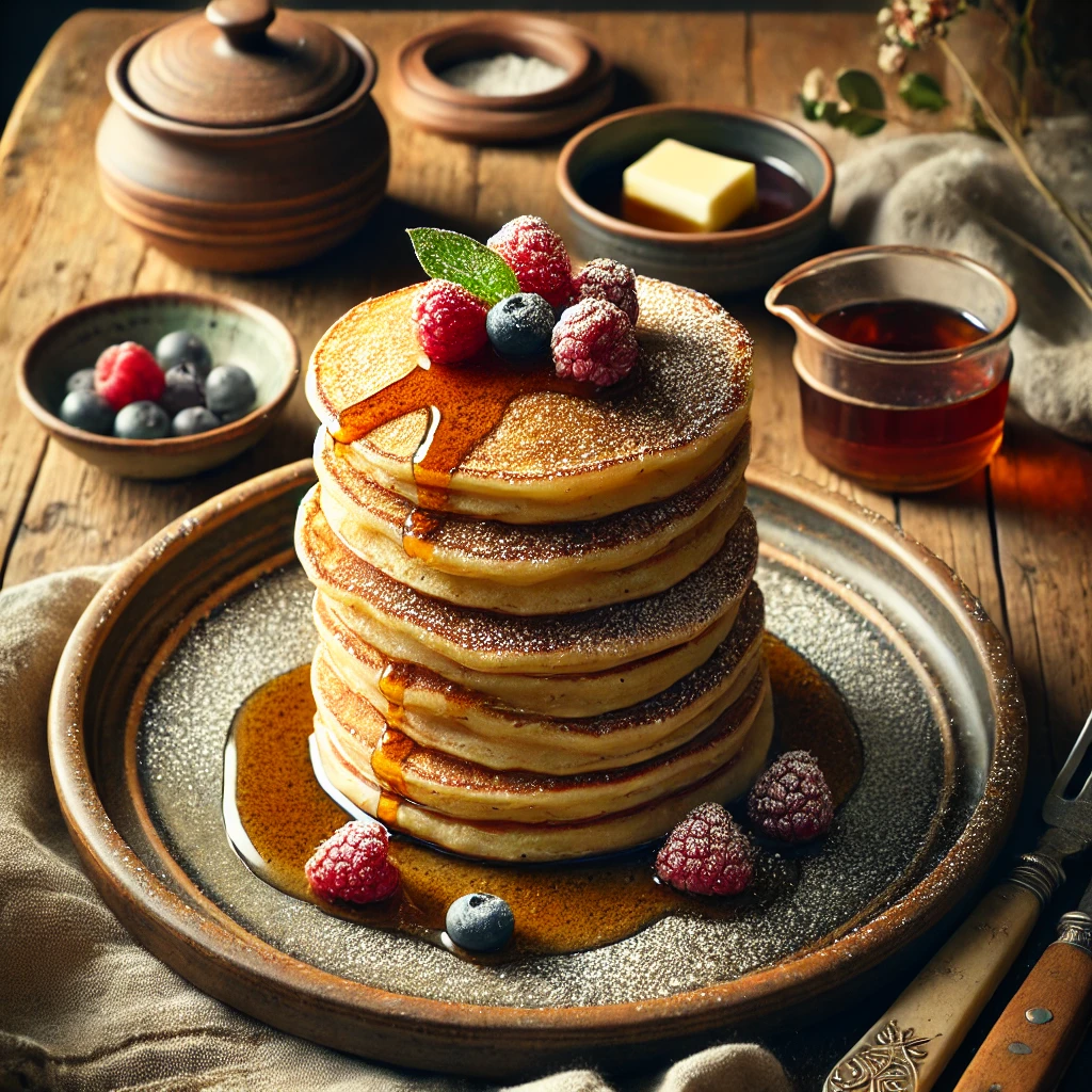 A stack of Elaine's Scottish Pancakes on an artisan ANTA serving plate, golden brown and fluffy, drizzled with syrup and garnished with fresh berries and a dusting of powdered sugar. The rustic wooden table features a small bowl of syrup, a butter knife, and a linen napkin, bathed in soft natural light for a warm and homely presentation.