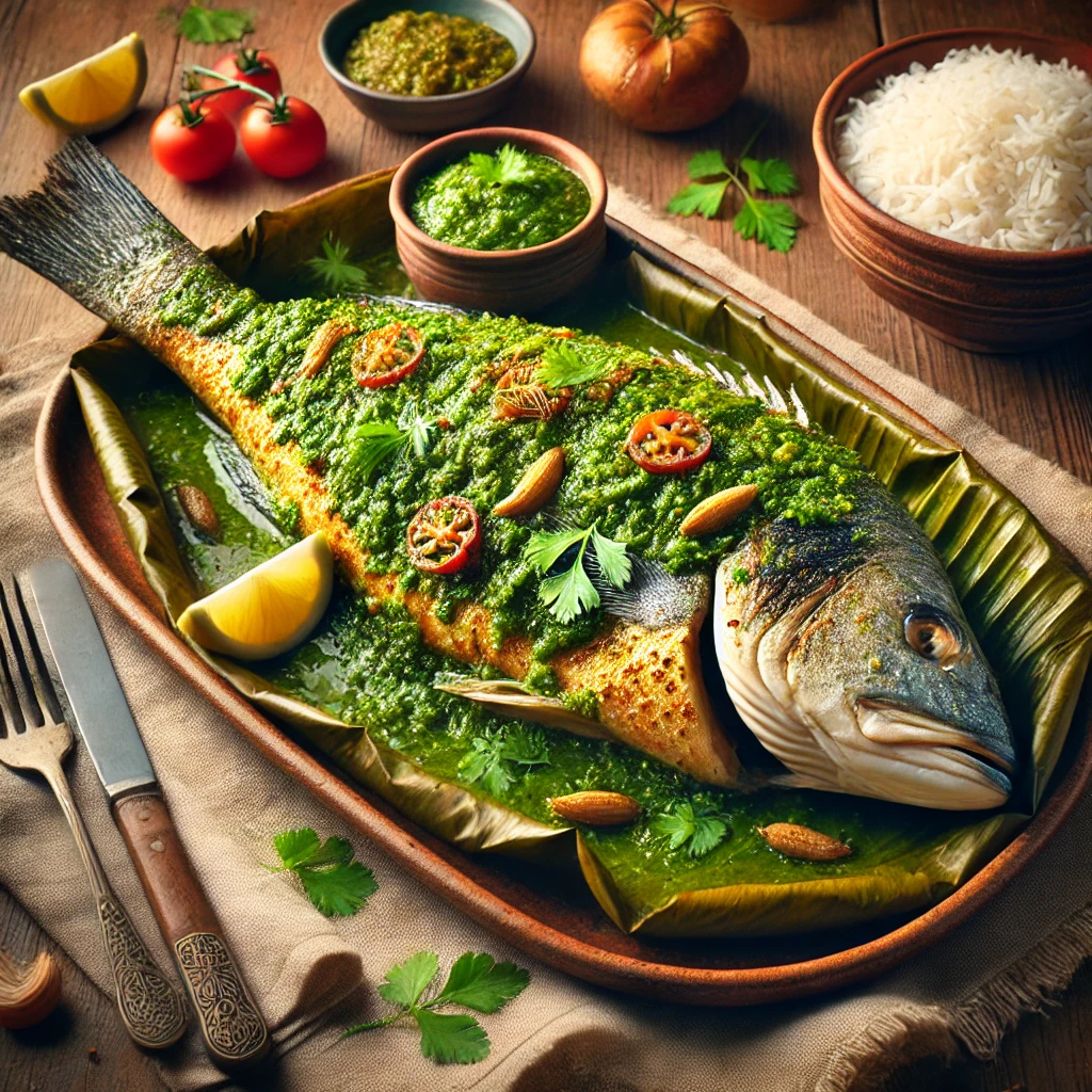 A beautifully plated dish of Sea Bass in Green Chutney, featuring a whole sea bass covered in a vibrant green chutney made from fresh coriander, ginger, garlic, and spices. The fish is cooked to perfection, wrapped in banana leaves or foil, and presented on a rustic ceramic platter. The dish is garnished with lemon wedges and extra chutney on the side. Served alongside plain basmati rice and a tomato and onion relish. The platter rests on a wooden table, with soft, warm lighting enhancing the inviting and flavorful presentation.