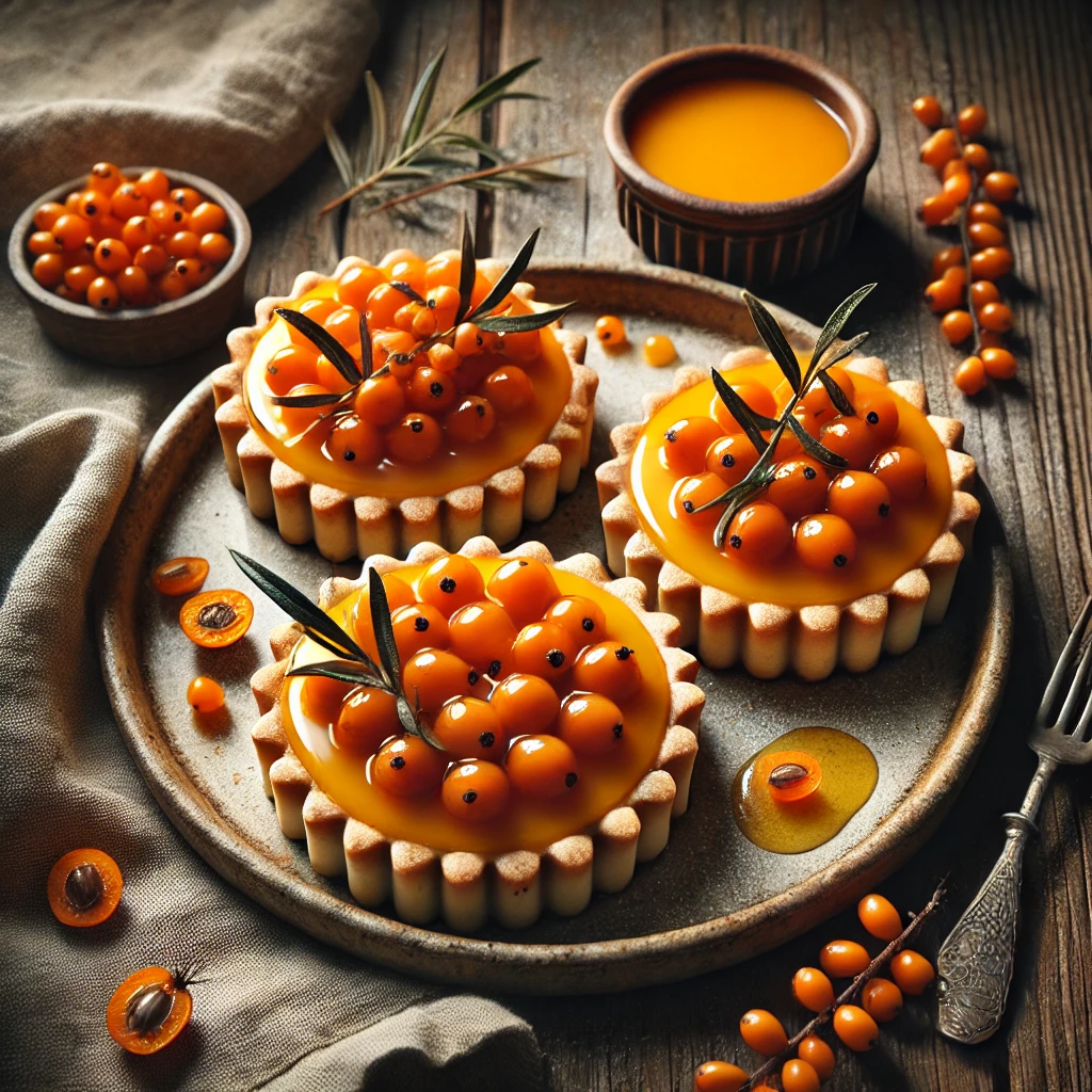 A rustic presentation of golden-brown Buckthorn Tarts with a flaky pastry crust, filled with smooth custard and topped with a glossy sea buckthorn glaze. The tarts are arranged on a wooden table, surrounded by fresh sea buckthorn berries, a small dish of extra glaze, and a dusting of powdered sugar. A vintage fork and a linen napkin add to the cozy and elegant dessert setting. Warm natural lighting enhances the rich textures and inviting colors.