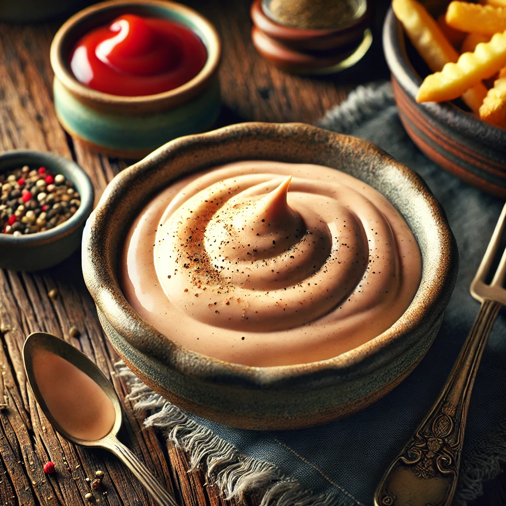 A creamy and flavorful Secret Sauce with a smooth, velvety texture and a light pink-orange hue, served in a rustic ceramic bowl. The sauce is garnished with a sprinkle of black pepper and a swirl of ketchup. The bowl sits on a rustic wooden table, accompanied by a small dish of pickle relish, a spoon, and a plate of crispy fries. Warm, natural lighting enhances the inviting, homemade feel.