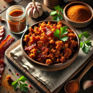 A rustic bowl filled with crispy Seitan Bacon Crumbles, seasoned with smoky spices and garnished with fresh parsley, set on a wooden table with a jar of seasoning and a spoon in the background.