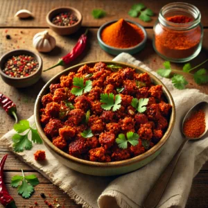 A rustic bowl filled with spicy Seitan Chorizo Crumbles, seasoned with chili powder, smoked paprika, and garlic, garnished with fresh cilantro, set on a wooden table with a jar of seasoning and a spoon nearby.