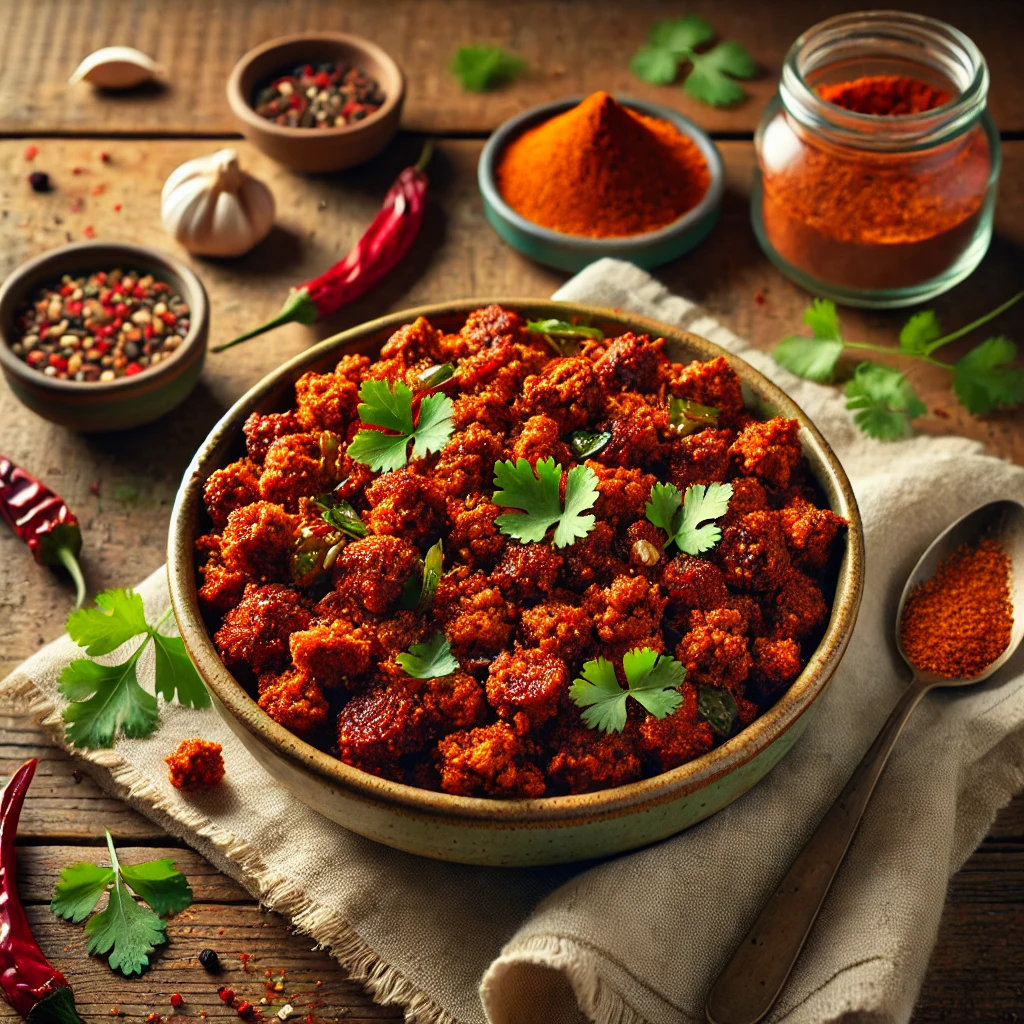 A rustic bowl filled with spicy Seitan Chorizo Crumbles, seasoned with chili powder, smoked paprika, and garlic, garnished with fresh cilantro, set on a wooden table with a jar of seasoning and a spoon nearby.