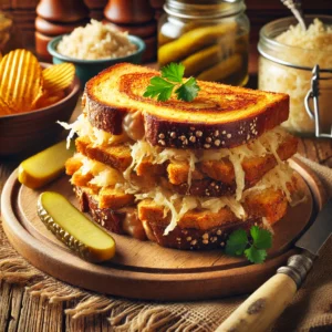 A Seitan Monte Cristo Reuben sandwich with crispy French toast-style bread, seitan, sauerkraut, and creamy spread, served with potato chips and pickles on a wooden plate with sauerkraut and spread in the background.