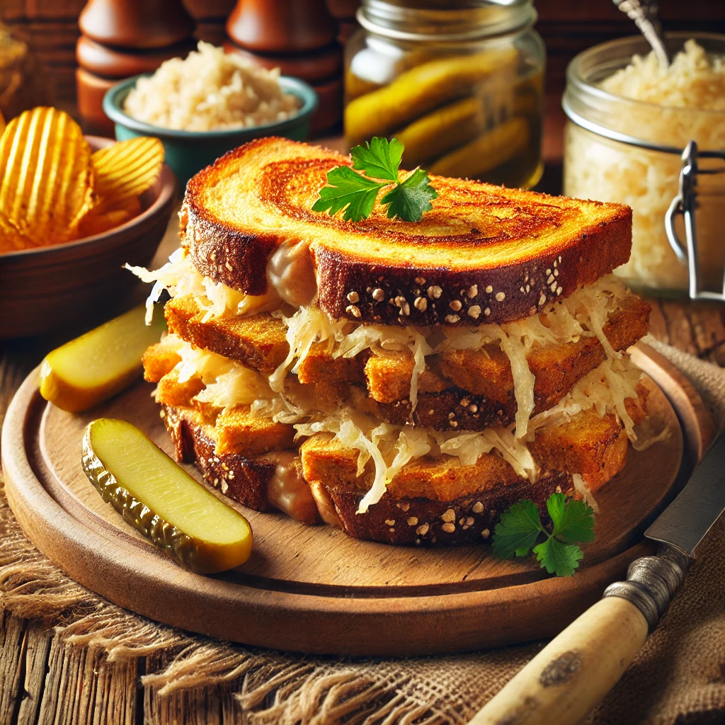 A Seitan Monte Cristo Reuben sandwich with crispy French toast-style bread, seitan, sauerkraut, and creamy spread, served with potato chips and pickles on a wooden plate with sauerkraut and spread in the background.