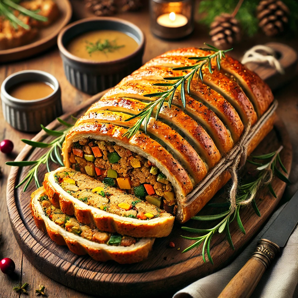 A golden Seitan en Croûte wrapped in flaky puff pastry, garnished with rosemary, served on a wooden board with vegan gravy and festive decorations like cranberries and pinecones in the background.