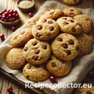 Soft, golden-brown sesame cranberry cookies with visible cranberries and sesame seeds, arranged on a rustic wooden table with natural daylight and a neutral linen napkin.