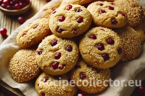 Soft, golden-brown sesame cranberry cookies with visible cranberries and sesame seeds, arranged on a rustic wooden table with natural daylight and a neutral linen napkin.